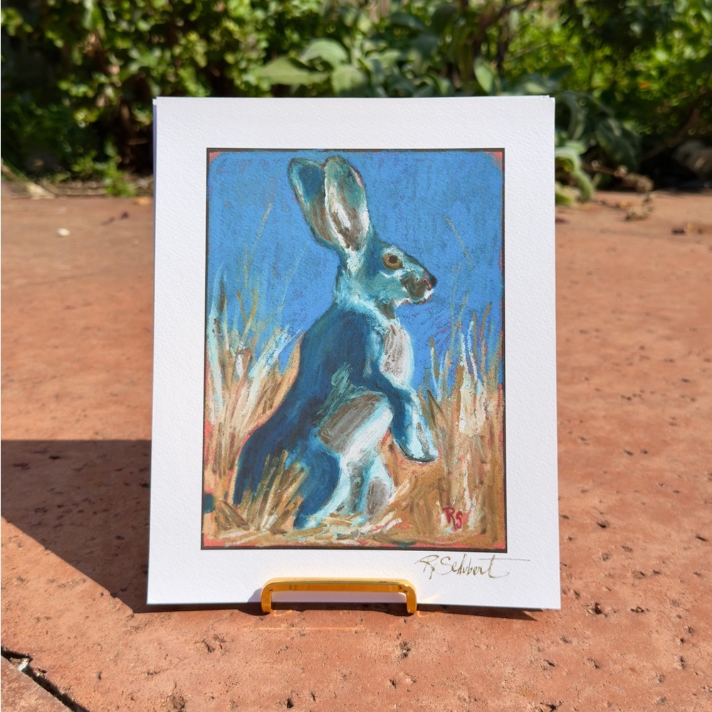 Blue Rabbit Art Print - Bunny painting hand signed by artist